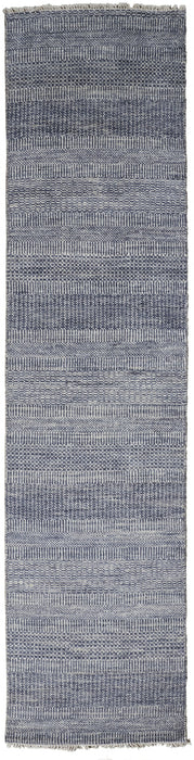Striped Hand Knotted Runner Rug - Blue And Gray Wool - 12'