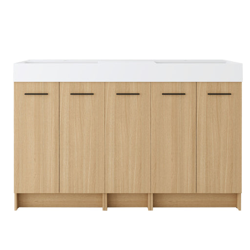 Double Sink Bathroom Vanity With Extra Large Storage, Integrated Sink, Freestanding Cabinet, Soft Close Doors - Glossy White / Light Oak Home Essentials