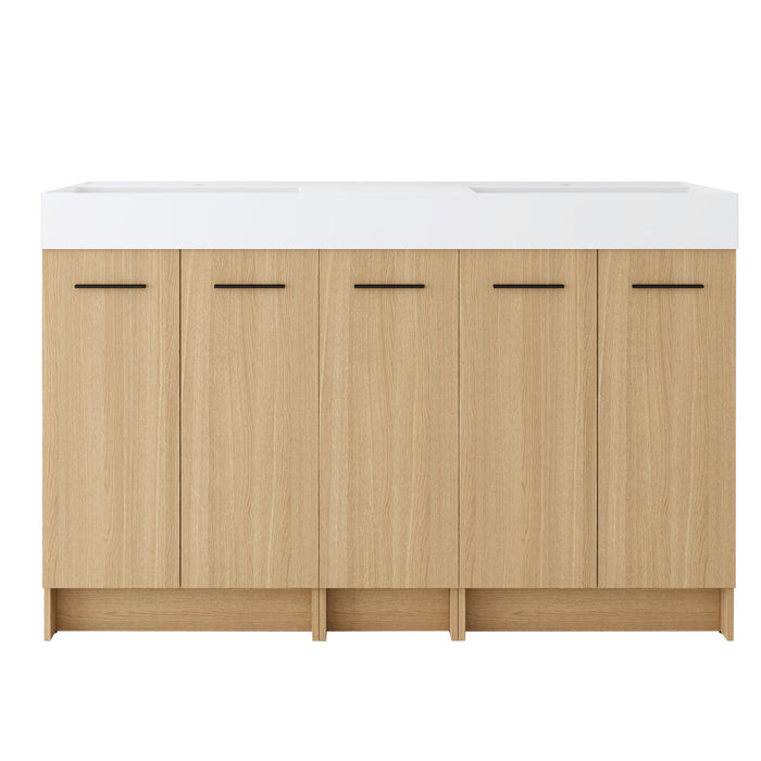 Double Sink Bathroom Vanity With Extra Large Storage, Integrated Sink, Freestanding Cabinet, Soft Close Doors - Glossy White / Light Oak Home Essentials