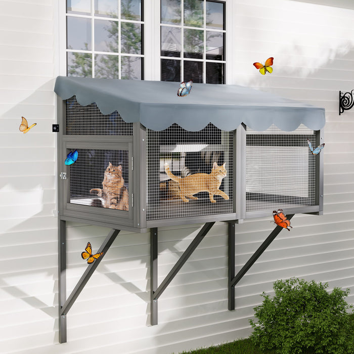 Window Perch Catio For Indoor Cats, Expandable Enclosure With Secure Frame And Waterproof Roof, Suitable For Multiple Kittens - Gray Daily Nest