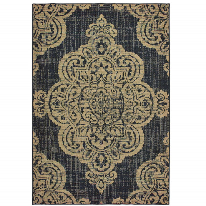 2' X 4' Oriental Stain Resistant Outdoor / Indoor Area Rug - Black / Tan