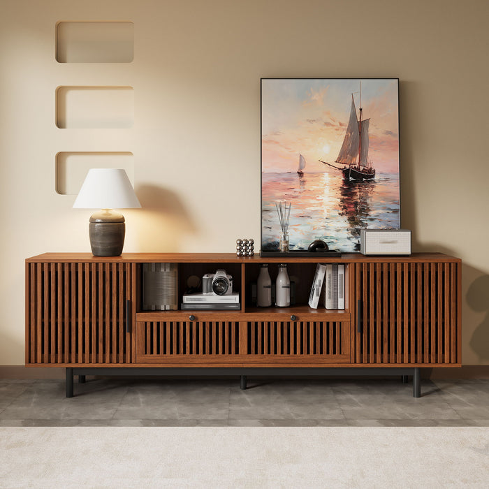 TV Stand, Entertainment Center With Slatted Doors, Cable Management, Soft Closing Hinges - Walnut Hearth and Haven