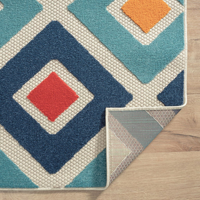 2' X 3' Geometric Stain Resistant Indoor / Outdoor Area Rug - Blue / Ivory