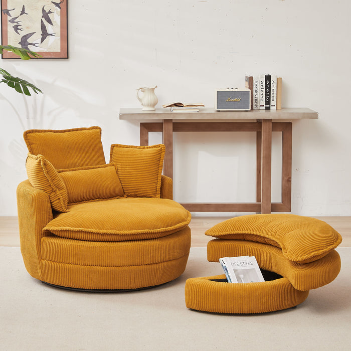 38" W Oversized Swivel Chair With Moon Storage Ottoman For Living Room, Modern Accent Round Loveseat Circle Swivel Barrel Chairs For Bedroom Cuddle Sofa Chair Lounger Armchair, 4 Pillows, Corduroy - Yellow