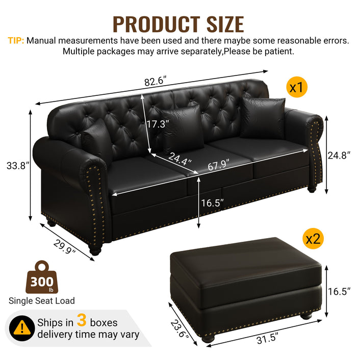 Upholstered Sofa With Nailhead Trim, Rolled Armrests With Ottoman Home Essentials