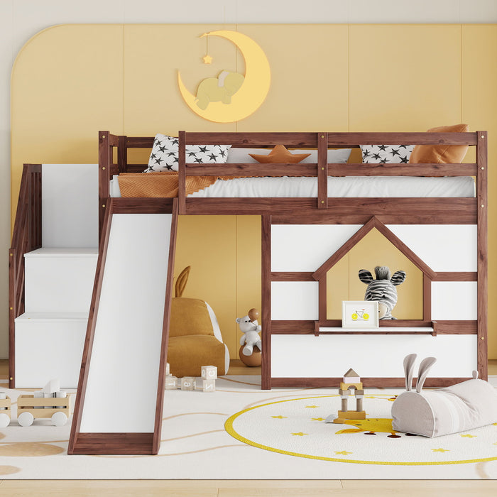 Loft Bed With Storage Stairs, Slide, Playhouse Window And 7 Colors LED Lights Home Essentials