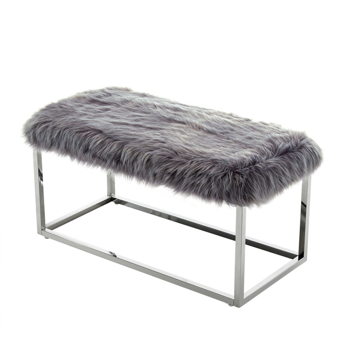 Upholstered Faux Fur Bench - Gray / Silver