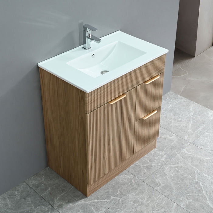 Bathroom Vanity With Sink, Freestanding Fluted Cabinet With 1 Door And 2 Drawers - Natural Walnut Home Essentials