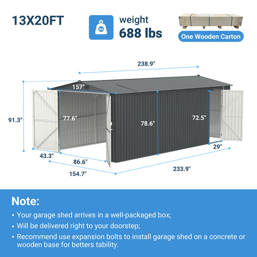 Industrial - 20' x 13' Heavy Duty Metal Garage Shed - Dark Gray Daily Nest