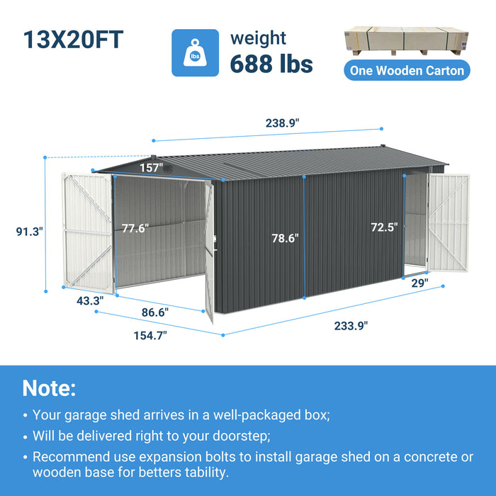 Industrial - 20' x 13' Heavy Duty Metal Garage Shed - Dark Gray Daily Nest