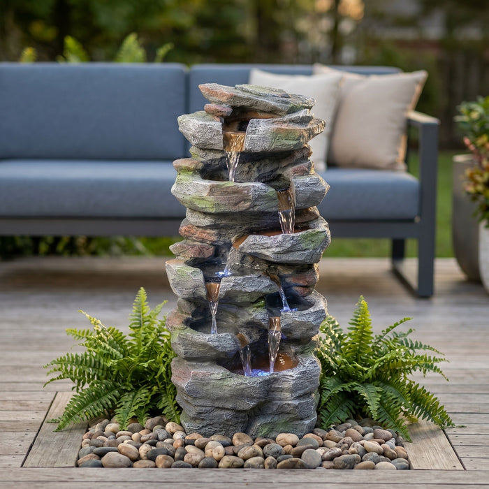 Rock Waterfall Outdoor Fountain With LED Lights - Gray Daily Nest