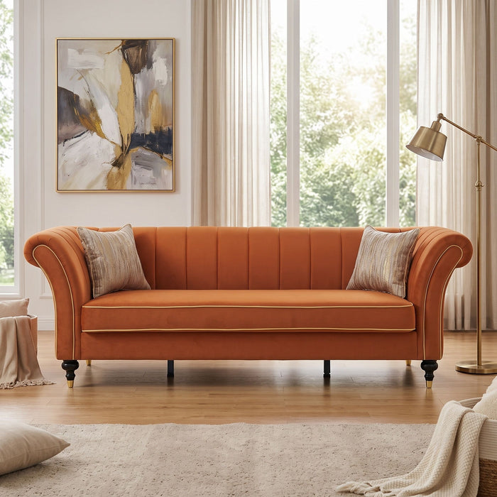 3 Seater Sofa With Rolled Arms, Vertical Channel Tufted Backrest Home Essentials