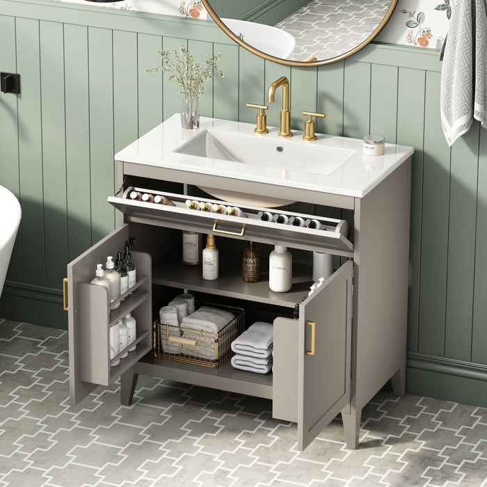 30" Bathroom Vanity With Sink Top, Soft Close Double Doors & Tip Out Drawer, Adjustable Interior Shelf, Door Mounted Organizers - Beige Noble House