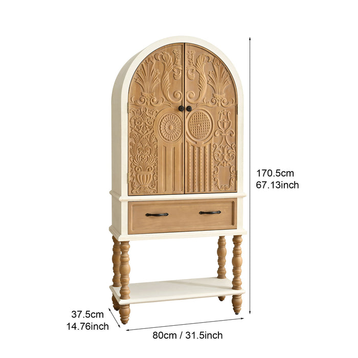 Arched Flower Carved Door Accent Sideboard Cabinet With 1 Drawer And Shelf, Cabinet For Kitchen - Natural / White Home Essentials