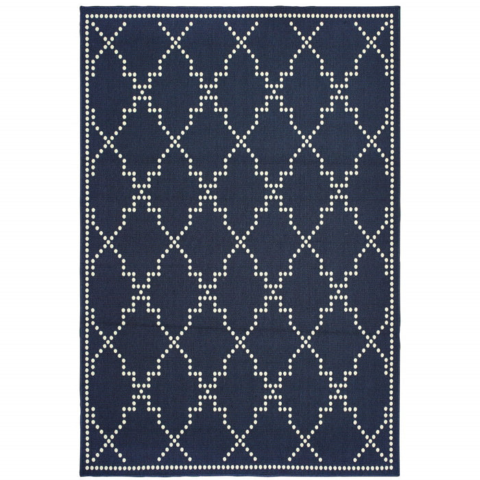 7' X 10' Geometric Stain Resistant Indoor & Outdoor Area Rug - Ivory / Blue