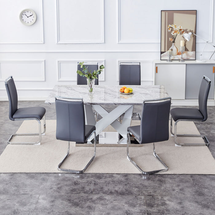 1 Table And 6 Chairs Set, Modern Gray MDF, Faux Marble Dining Table With Double V-Shaped Supports.Paired With 6 Modern PU Artificial Leather Soft Cushion With Silver Metal Legs - MDF / Metal