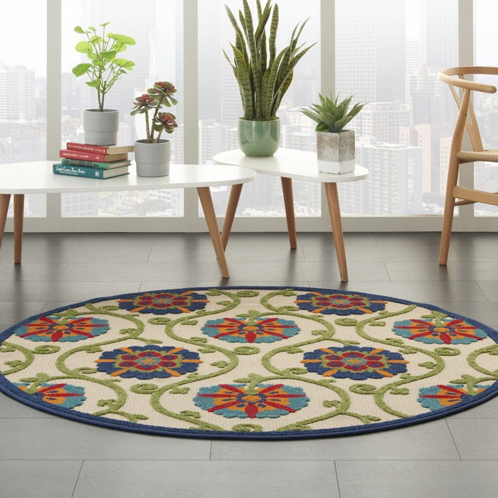 4' Round Round Floral Outdoor / Indoor Area Rug - Ivory / Blue