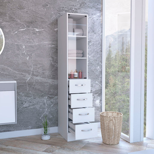 Linen Cabinet, 3 Shelves, 4 Drawers And Metal Handles - White Home Essentials