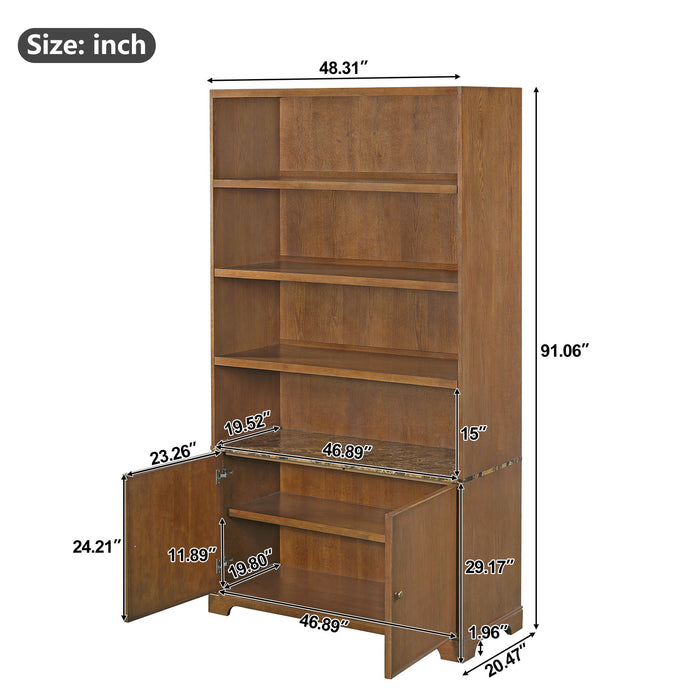 Tall Bookcase Storage Cabinet With 3 Open Shelves & Fluted Double Doors Noble House