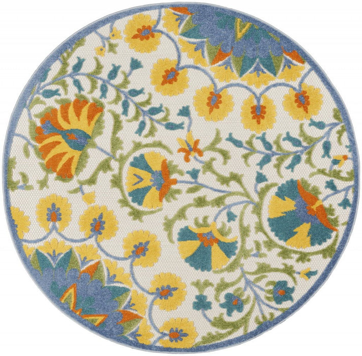 4' Round Round Floral Area Rug Outdoor / Indoor - Blue / Ivory