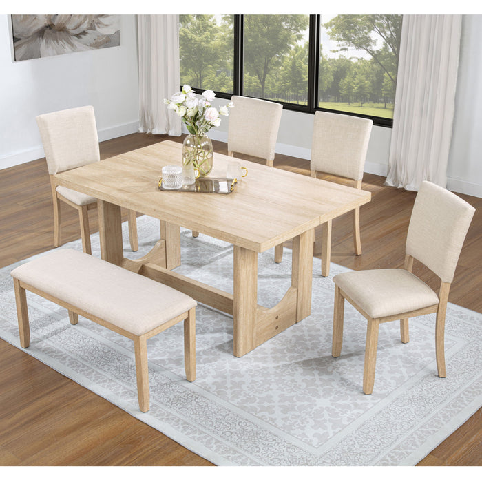 6 Piece Rectangular Kitchen Table Set With Bench And 4 Upholstered Chairs For Kitchen - Light Oak Home Essentials