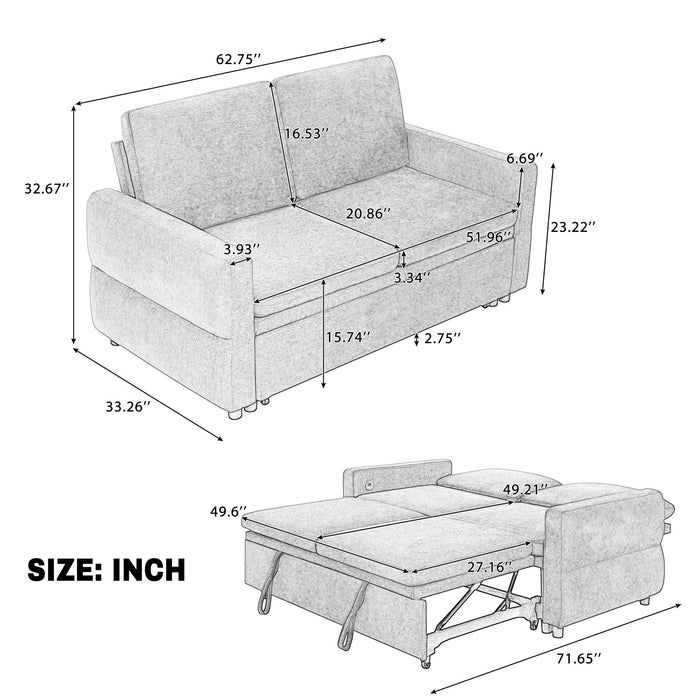 Convertible Sofa Bed Loveseat With Adjustable Backrest And USB Ports Hearth and Haven