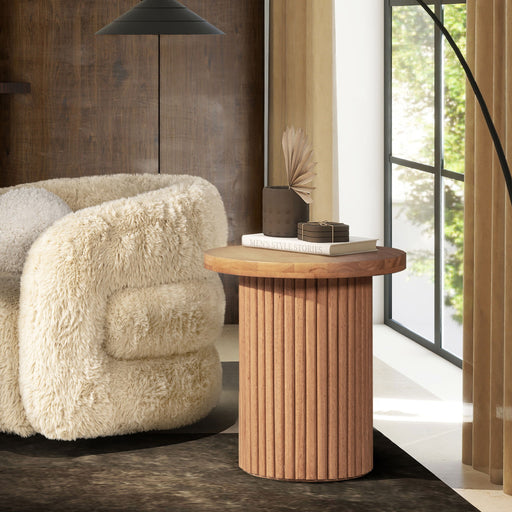 Kenzie - Fluted Pillar Round Accent Side Table - Light Natural Brown Jennifer Taylor Home