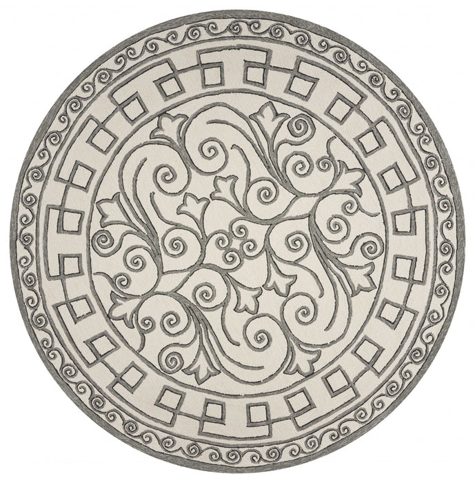 8' Hand Woven UV Treated Greek Key Medallion Round Indoor / Outdoor Area Rug - Gray Ivory