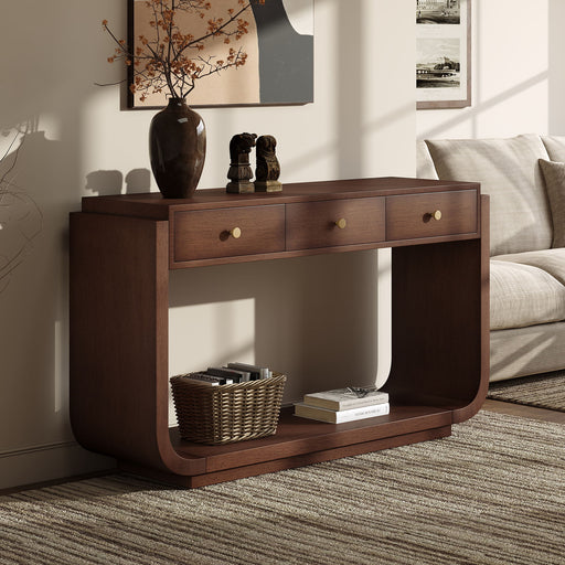 Console Table With 3 Drawers, Display Shelf, Curved Legs - Walnut Noble House
