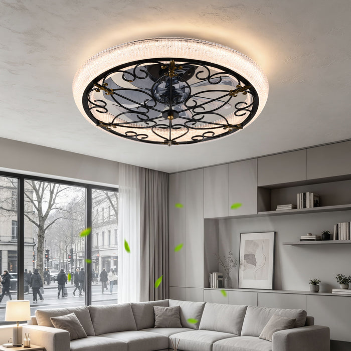 20" Caged Ceiling Fan With Remote Control And Crystal Sand Lampshade - Matte Black Daily Nest