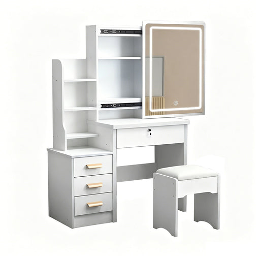 Vanity Desk With Mirror And Lights For Makeup And Chair Set With 3 Adjustable LED Lighting, 4 Drawers - White Home Essentials