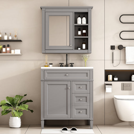 Bathroom Vanity With Top Sink, Freestanding Storage Cabinet With 2 Doors And 3 Drawers, Mirror Cabinet Included - Gray Hearth and Haven