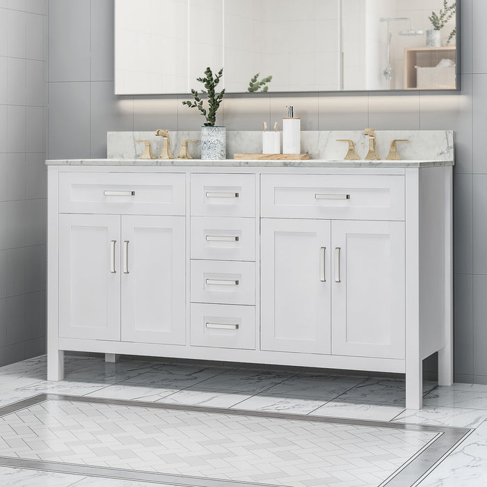 61'' Bathroom Vanity With Marble Top & Double Ceramic Sinks, 4 Drawers, 4 Doors, White
