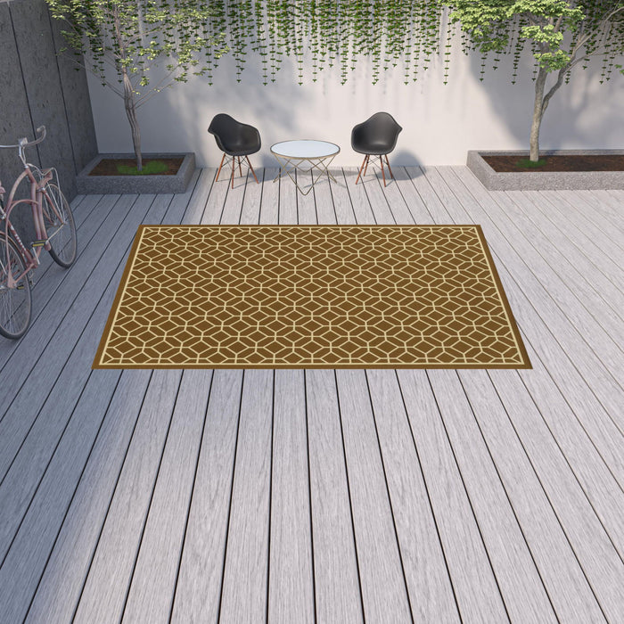 9' X 13' Geometric Stain Resistant Outdoor / Indoor Area Rug - Brown / Ivory