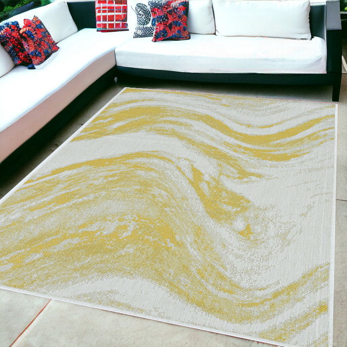 5' X 7' Machine Woven UV Treated Abstract Waves Indoor / Outdoor Area Rug - Ivory Gold