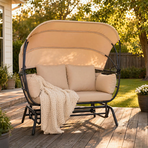 2 Person Egg Shaped Outdoor Swing Chair With Adjustable Canopy - Acacia Wood / Black / Taupe Home Essentials
