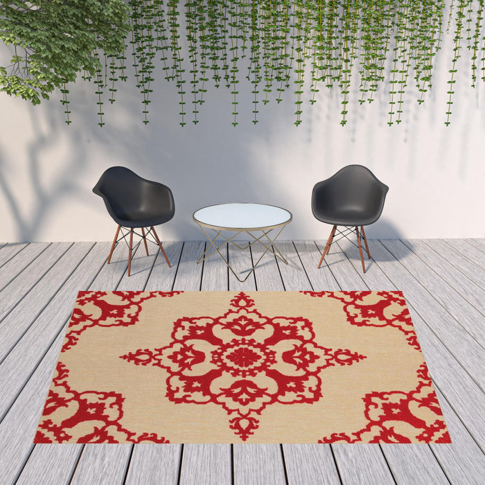 8' X 11' Oriental Stain Resistant Indoor / Outdoor Area Rug - Red