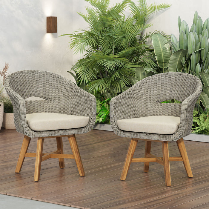 Modern Coastal Rattan Dining Chairs, (Set of 2), Solid Wood Legs - Beige Noble House