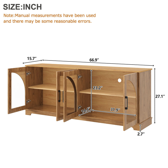 TV Stand With Semi Arched Glass Doors, Media Console With Adjustable Shelves For Living Room - Brown Hearth and Haven