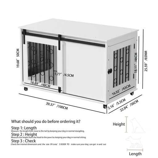 Dog Crate With Sliding Barn Door And Side Access, Lockable Wheels For Small To Medium Dogs - White Home Essentials