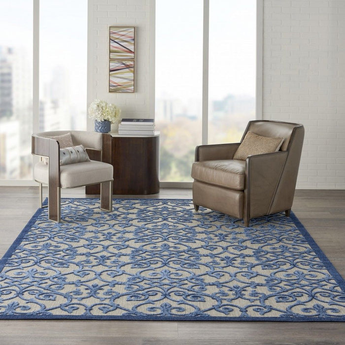 8' X 11' Floral Outdoor / Indoor Area Rug - Blue / Gray