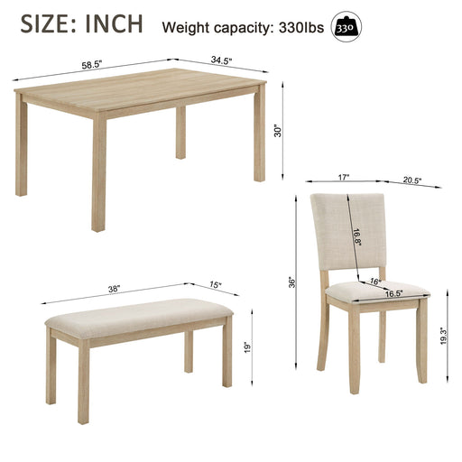6 Piece Dining Table Set With Bench - Beige / Light Oak Home Essentials