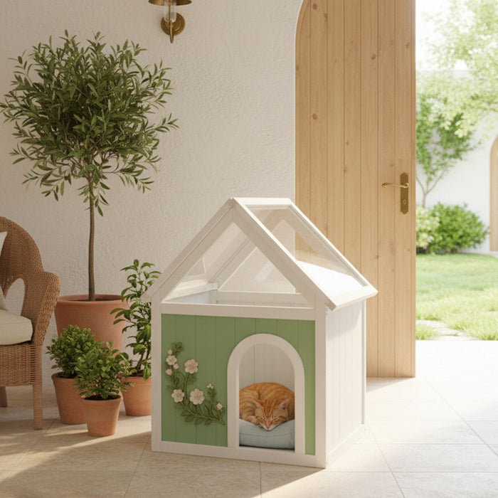 Indoor Cat House With Clear Roof Pet House For Small Cats & Dogs - Mint / White Daily Nest