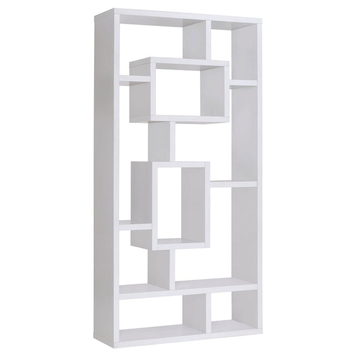 Geometric 10 Shelf Open Back Bookcase With Interlocking Shelves - White Furniture Max