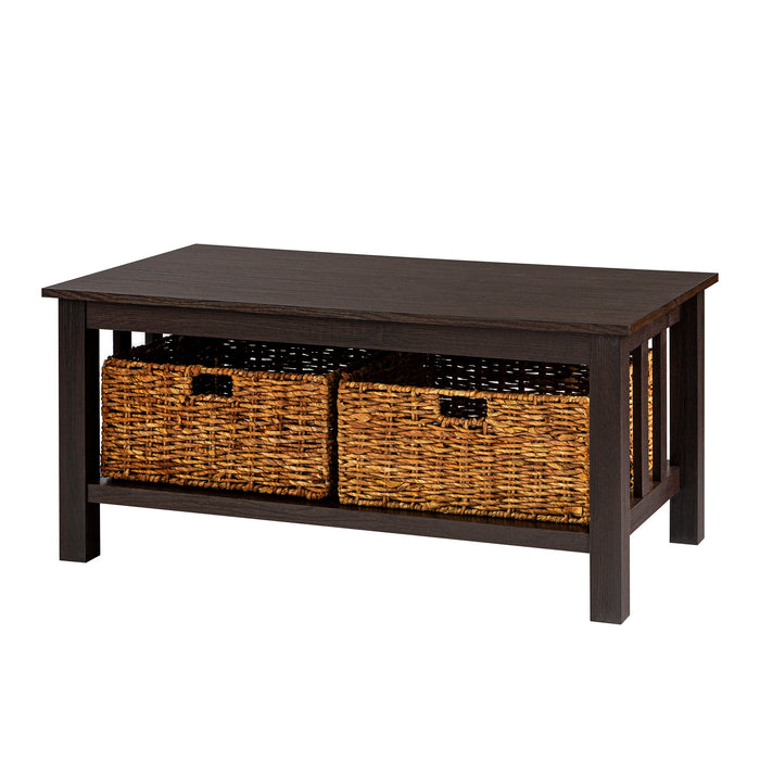 Coastal Coffee Table With Lower Shelf And Faux Rattan Baskets - Espresso