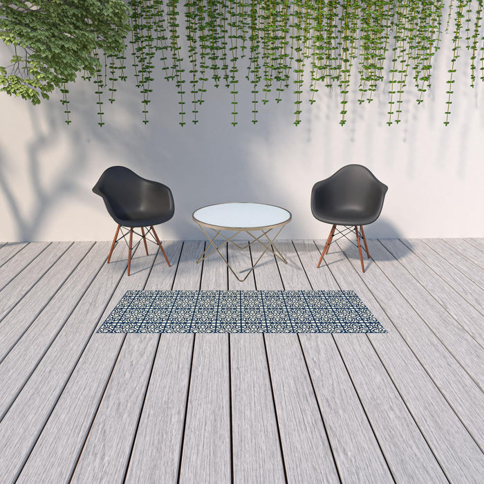 2' X 8' Geometric Stain Resistant Indoor / Outdoor Area Rug - Ivory / Blue