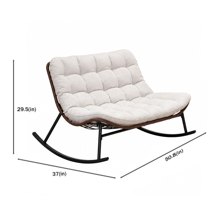 Double Wide Rocking Papasan Chair, 2 Person Outdoor Lounge Seating - Acacia Wood / Beige Home Essentials