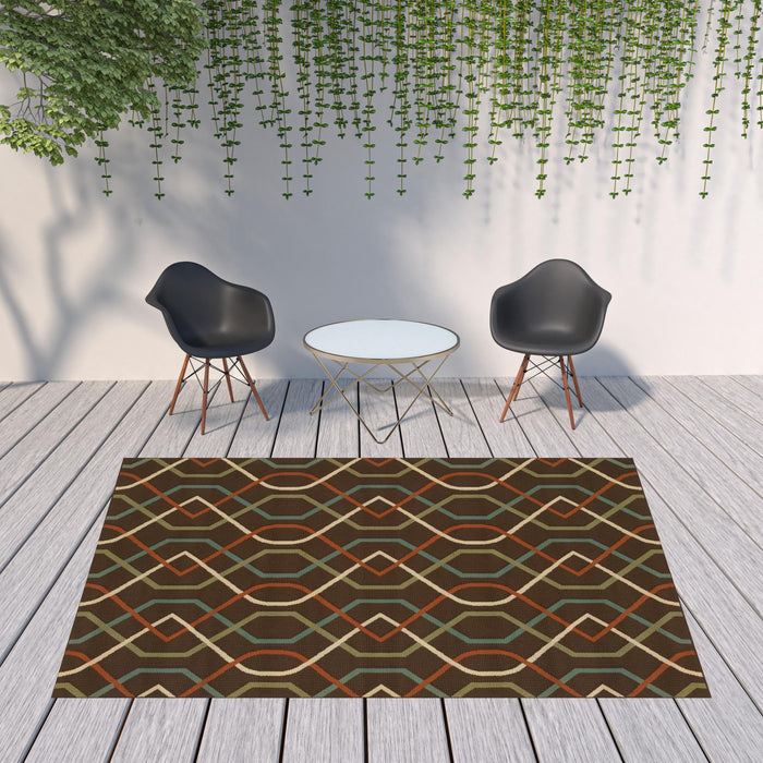 8' X 11' Geometric Stain Resistant Indoor Outdoor Area Rug - Brown / Ivory