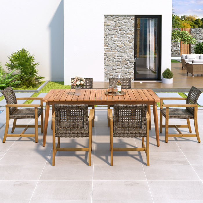 7 Piece Patio Dining Set, Slatted Table & 6 Chairs For Patio Garden - Mocha / Teak Noble House