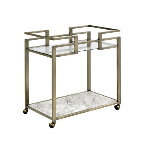 Neilo - Serving Cart - Clear Glass, Faux Marble Top & Wire Brass ACME